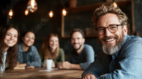 A friendly bearded gentleman smiles warmly in a cozy environment with friends, wearing glasses, creating a sense of friendship and a relaxed atmosphere.