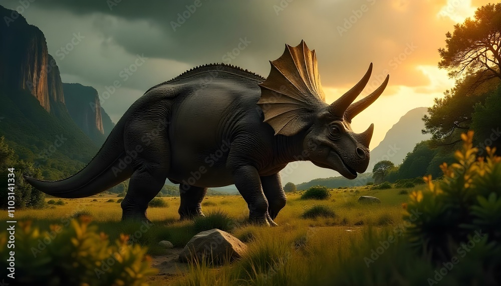 Obraz premium Un dinosaurio grande y de aspecto feroz en un exuberante paisaje prehistórico con montañas, bosques y un cielo nublado al fondo