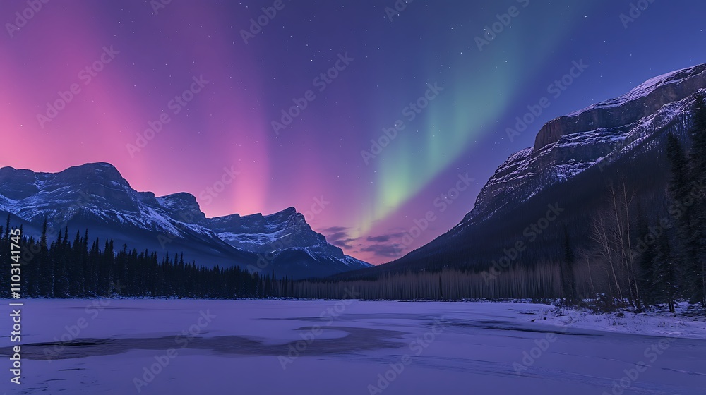 Bright streaks of aurora lights over a snow-covered valley surrounded by mountains