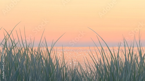 A serene landscape with tall grass against a tranquil water surface at sunset.