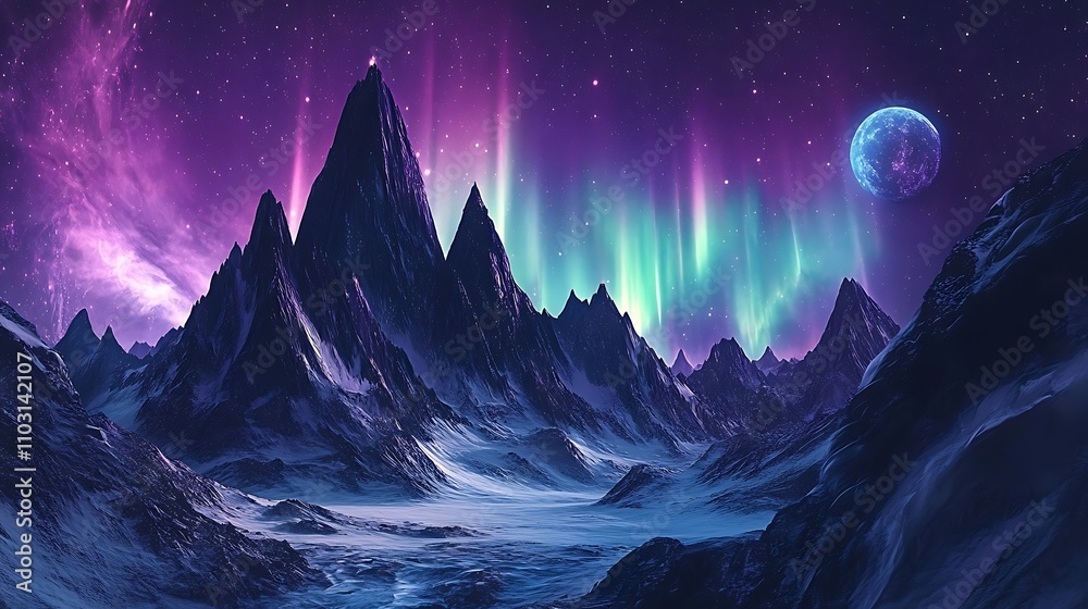 Majestic aurora lights arching over rugged mountain peaks under a crystal-clear sky Majestic aurora lights arching over rugged mountain peaks under a crystal-clear sky
