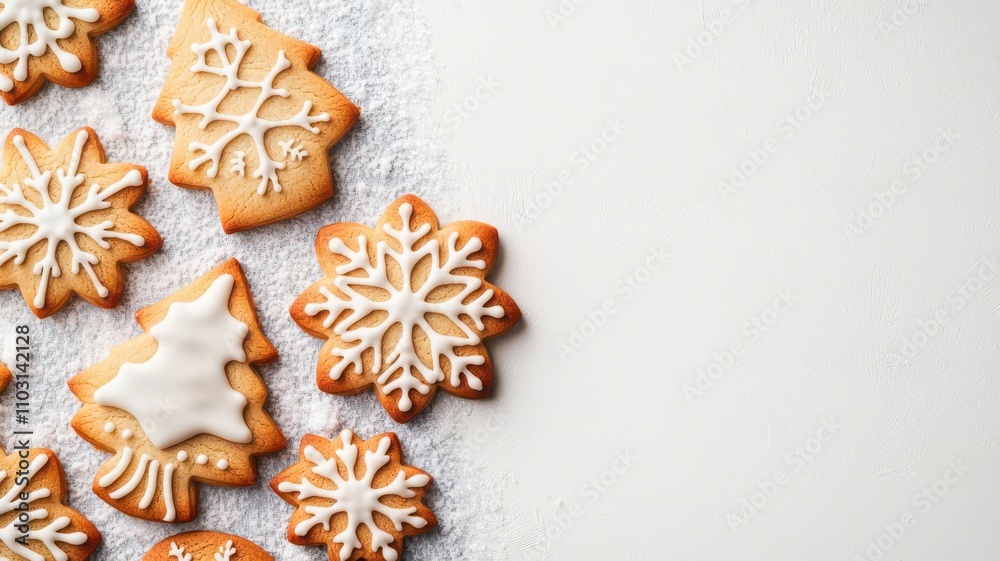 Flat lay of Christmas cookies in the shape of trees and stars, arranged on a festive red tablecloth Christmas cookies, festive food display Flat lay of Christmas cookies in the shape of trees and stars, arranged on a festive red tablecloth Christmas cookies, festive food display