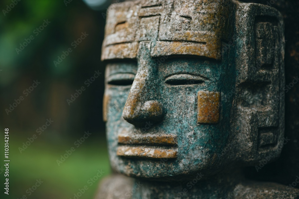Ancient Mesoamerican stone sculpture with detailed facial features. Traditional Native American ceremonial mask artifact in green and brown tones. Archaeological art concept with copy space Ancient Mesoamerican stone sculpture with detailed facial features. Traditional Native American ceremonial mask artifact in green and brown tones. Archaeological art concept with copy space