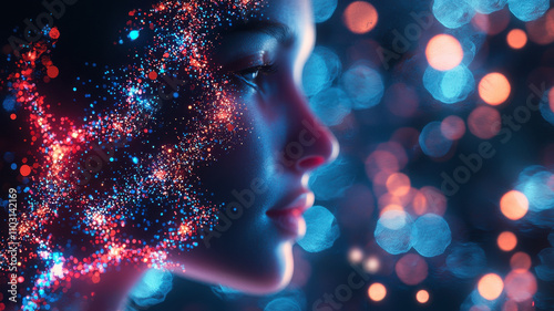 woman face is illuminated by vibrant, glowing particles, creating dreamy and ethereal atmosphere. bokeh effect in background enhances magical and futuristic feel of image