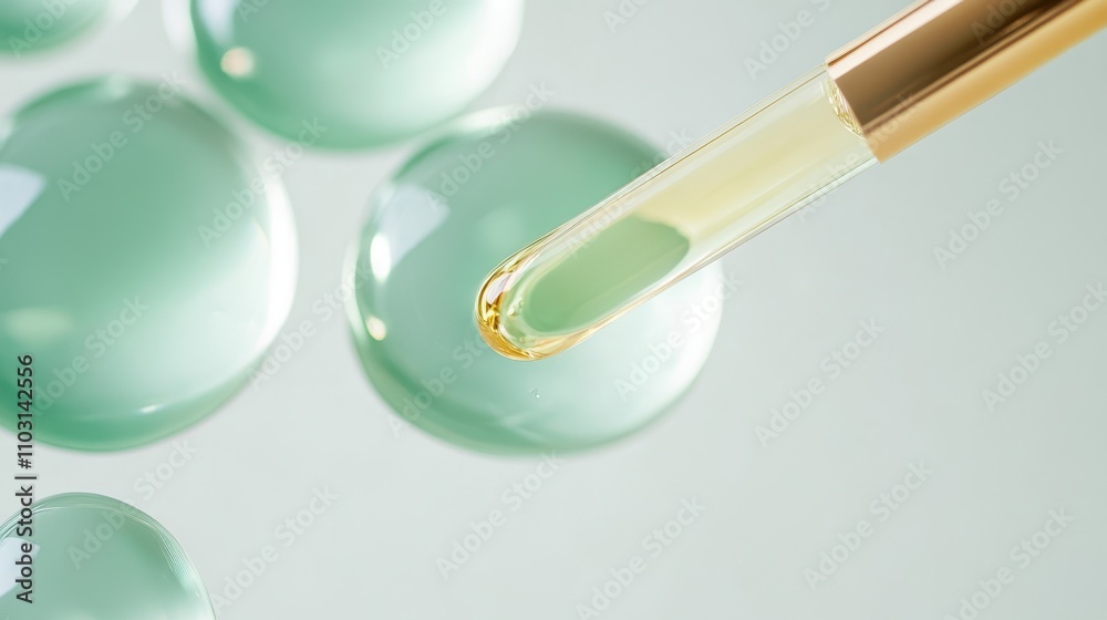 Closeup of Green skincare,A drop of transparent cosmetic gel on a green background,product liquid bubble,serum drops scattered ,Collagen gel,Aloe Vera cosmetic gel,The concept of natural cosmetics. Closeup of Green skincare,A drop of transparent cosmetic gel on a green background,product liquid bubble,serum drops scattered ,Collagen gel,Aloe Vera cosmetic gel,The concept of natural cosmetics.