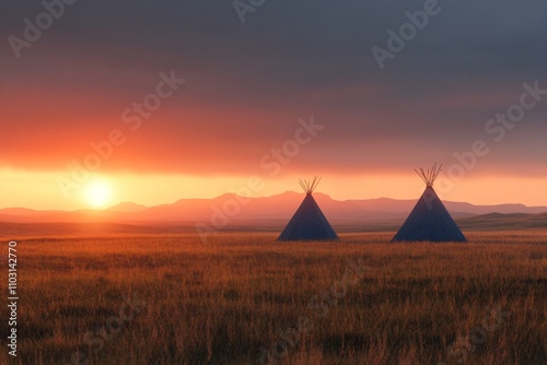 Traditional Native American teepees on prairie grassland at dramatic sunset. Mountain silhouettes and orange sky. Rural wilderness landscape with traditional dwellings with copy space photo