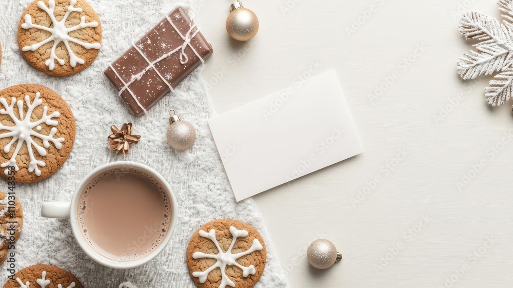 Flat lay of holiday cookies, a cup of hot chocolate, and a Christmas card on a snowy tablecloth   Christmas flat lay, holiday treats