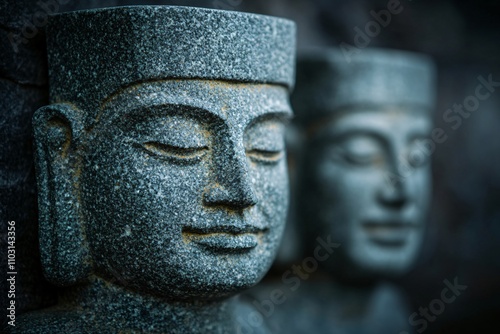 Ancient Asian stone statues with serene expressions. Traditional Buddhist temple art sculpture in dark atmospheric setting with mystical mood. Spiritual meditation concept with copy space photo