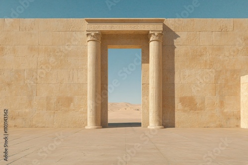 Ancient Egyptian style stone doorway with columns in desert architecture. Minimalist beige limestone entrance with view of blue sky. Archaeological concept for travel design with copy space photo