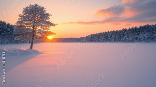 Stunning Winter Sunset Landscape Frozen Lake Snow Covered Tree