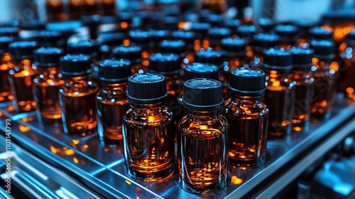 Amber Glass Bottles in Industrial Production Line: Clean and Organized