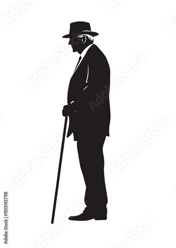 Mysterious silhouette of an old man with a cane.