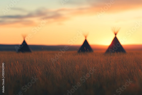 Traditional Native American teepees silhouetted against dramatic orange sunset sky over tall prairie grass field. Cultural landscape at dusk with copy space photo