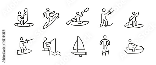 Water sports icons. Set of 10 water sports trendy minimal icons. Examples: Jet Ski, Scuba Diving, Wakeboarding, Surfing. Design signs for web page, mobile app, packaging design. Vector illustration.