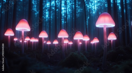 A cluster of radiant mushrooms illuminate the darkened forest, their glow casting an enchanting ambiance and evoking dreams of magical woodland adventures. photo