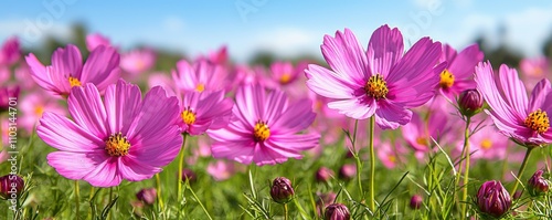 Vibrant Pink Cosmos Flowers in a Blooming Field Summer Nature Scene