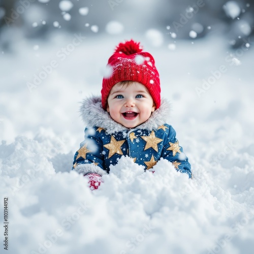 child playing with snow at resort in winter against background of forest outdoor.