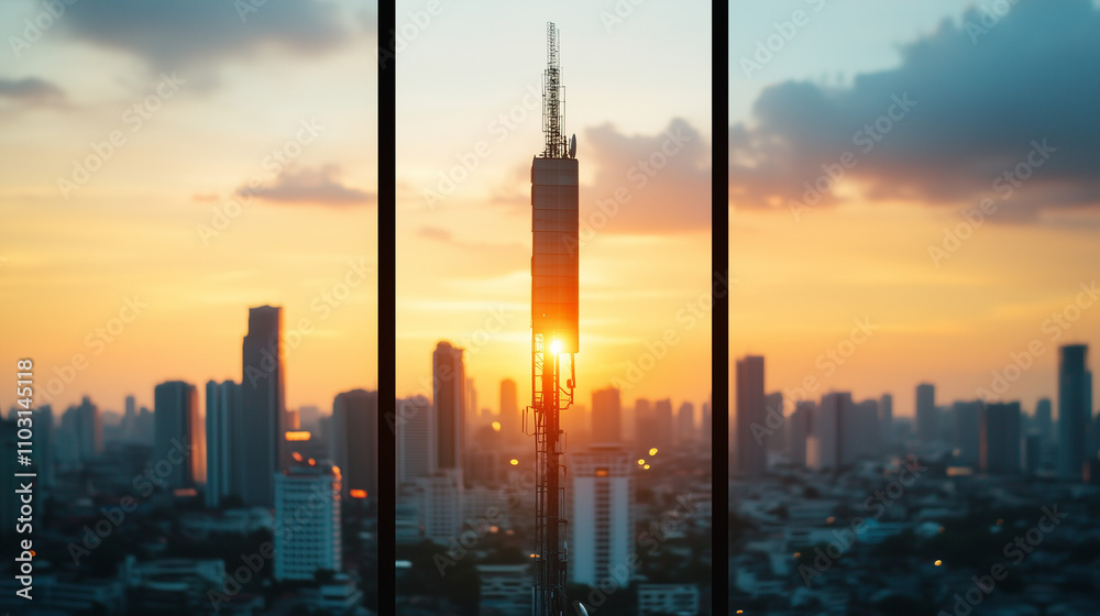 Engineer inspects telecom tower on city skyline at dusk, symbolizing connectivity Engineer inspects telecom tower on city skyline at dusk, symbolizing connectivity