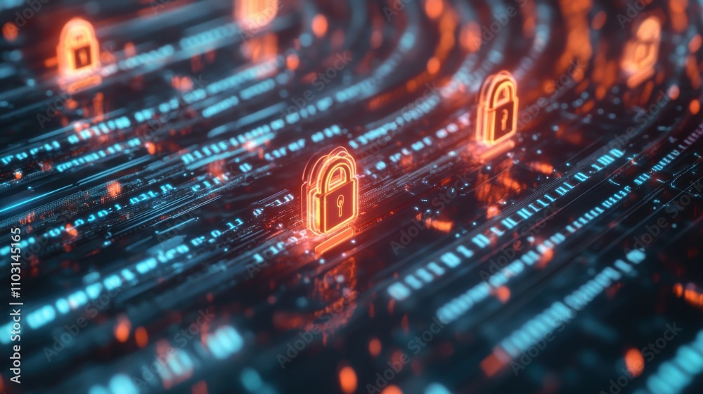 Digital Lock Symbols on Flowing Data Streams with Glowing Effects Digital Lock Symbols on Flowing Data Streams with Glowing Effects
