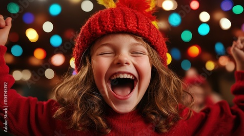 A joyful child in a red hat, celebrating amidst holiday lights, capturing a sense of warmth, excitement, and festivity in a vibrant and colorful setting. photo