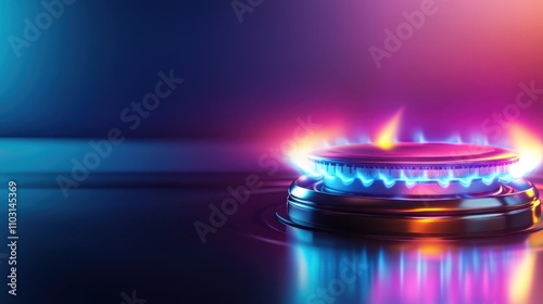 A gas burner captured glowing with vibrant flames, radiating blue and purple hues against a dark background, symbolizing warmth and modern cooking advancements.