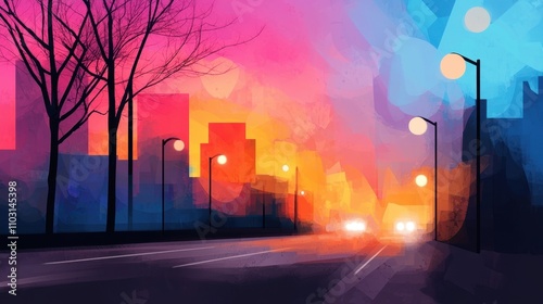 Vibrant Cityscape at Dusk with Colorful Skies and Silhouetted Buildings