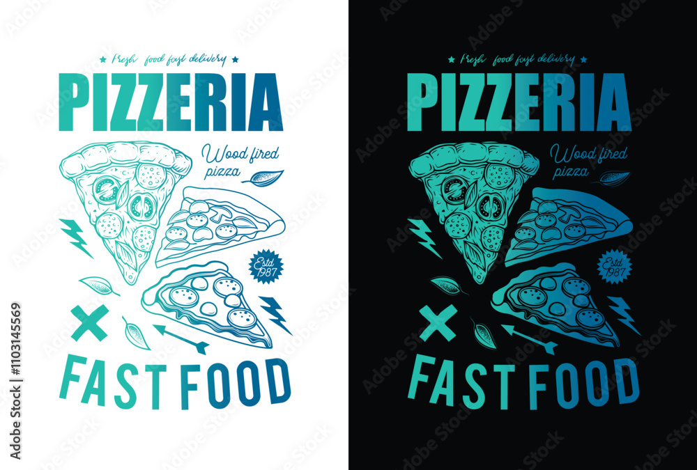 Three slices of pizza with mushrooms, cheese, salami, tomatoes, herbs and olives. Original vector illustration in vintage style. Three slices of pizza with mushrooms, cheese, salami, tomatoes, herbs and olives. Original vector illustration in vintage style.