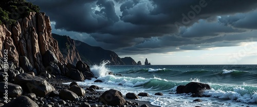 A beach with a rocky shoreline and a rocky cliff. The ocean is calm and the sky is clear