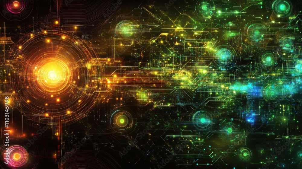 Obraz premium Abstract Digital Background with Bright Circles and Light Effects