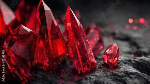 3D rendering of ruby red crystal prisms against a charcoal background, emphasizing light play and clarity photo