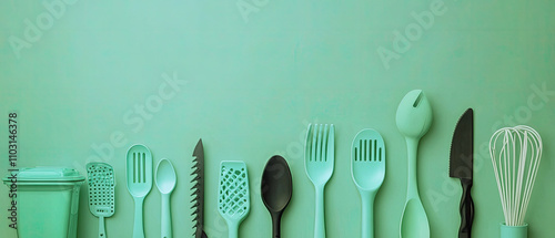 Colorful kitchen utensils neatly arranged against mint green background photo