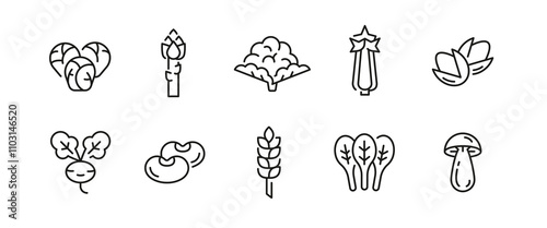 Vegetable icons. Set of 10 vegetable trendy minimal icons. Example: Celery, Mushroom, Tomato, Carrot, Beet icon. Design signs for web page, mobile app, packaging design. Vector illustration