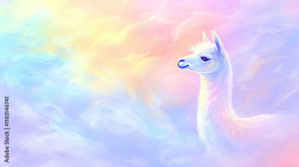 Llama in dreamy pastel cloudscape with soft colors and serene expression Llama in dreamy pastel cloudscape with soft colors and serene expression