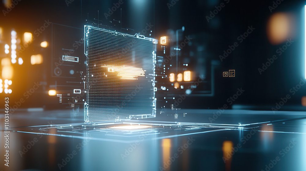 Fototapeta premium futuristic digital interface displaying user identity data in floating projection. scene features glowing elements and high tech aesthetic, evoking sense of innovation and technology
