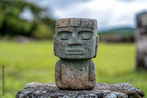 Ancient stone idol statue with geometric face design in natural outdoor setting. Archaeological artifact in green meadow landscape. Pre-Columbian art concept with copy space photo