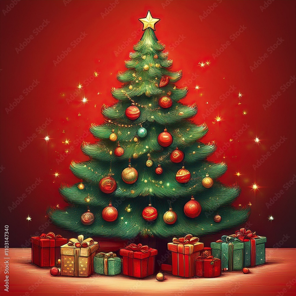 Obraz premium Christmas tree with lights, baubles and gifts on a red background, square illustration 