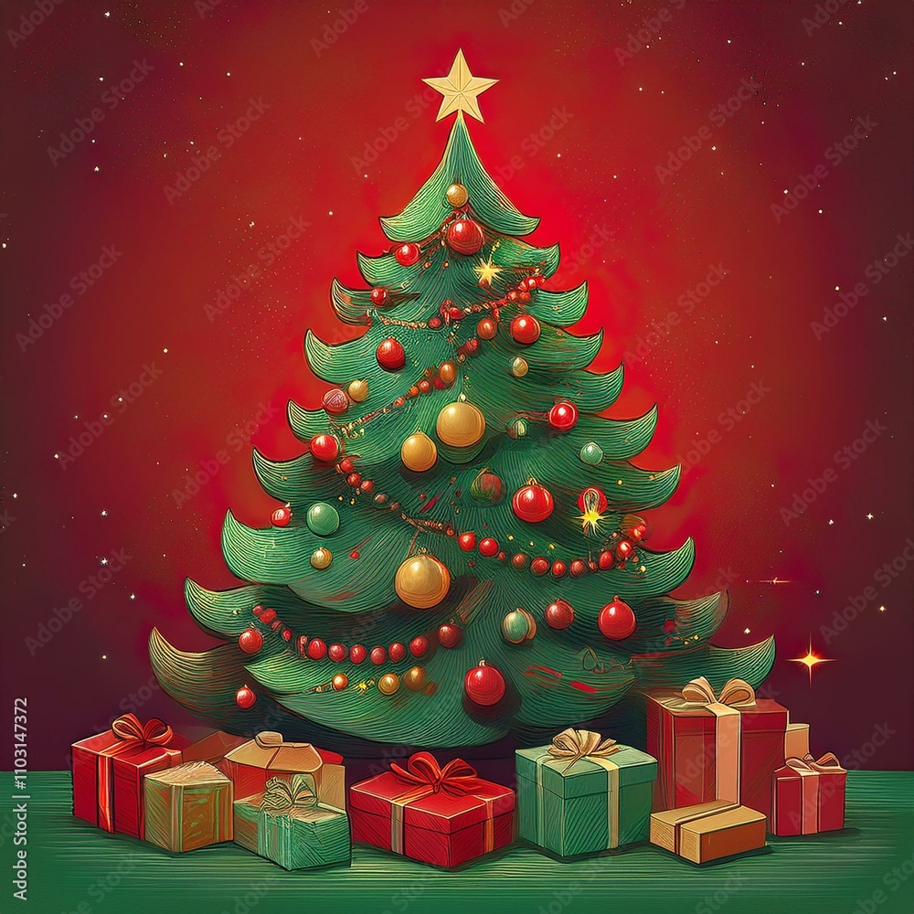 Fototapeta premium Christmas tree with lights, baubles and gifts on a red background, square illustration 