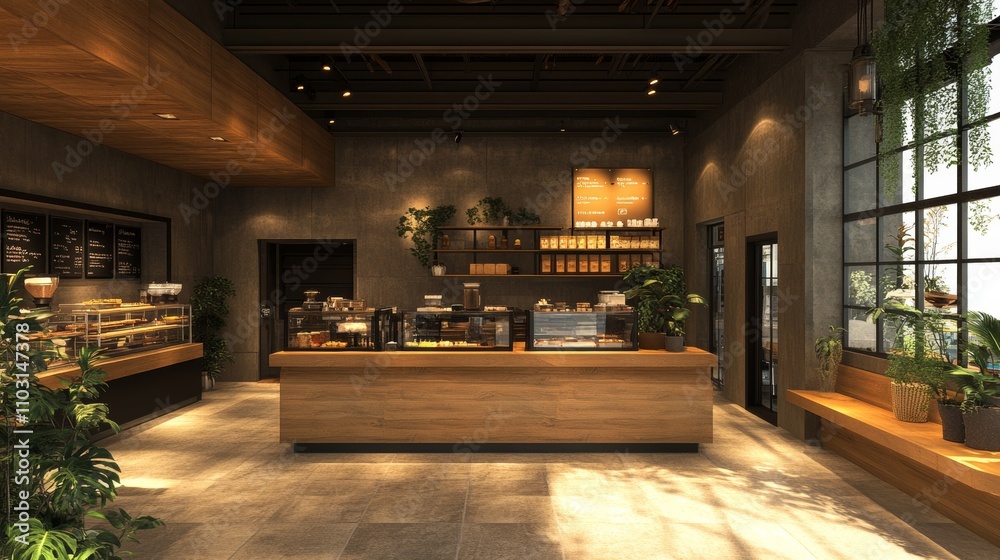 A coffee shop with a wooden counter and a large window A coffee shop with a wooden counter and a large window