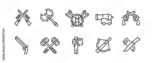 Cannon icons. Set of 10 weapon trendy minimal icons. Example: armor, gunpowder, cannon. Ideal for content related to warfare history, military museums, or educational resources. Vector illustration