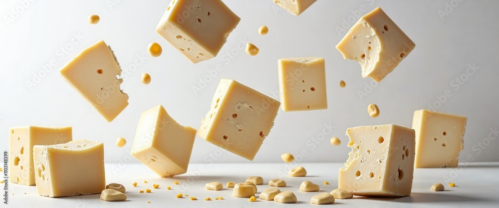 A pile of yellow cheese cubes scattered across a white background. The cheese cubes are in various sizes and shapes, and they appear to be falling or flying through the air A pile of yellow cheese cubes scattered across a white background. The cheese cubes are in various sizes and shapes, and they appear to be falling or flying through the air