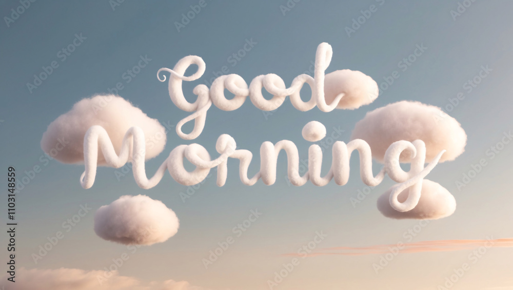 Fluffy Cloud Formation Spelling Good Morning Over a Peaceful Pink and Blue Gradient Sky Fluffy Cloud Formation Spelling Good Morning Over a Peaceful Pink and Blue Gradient Sky