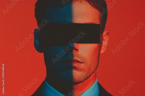 Mysterious figure with black censorship bar against vibrant red background. Dramatic portrait in cinematic style. Dark moody atmosphere. Contemporary art concept for poster with copy space