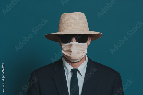 Professional in suit wearing protective face mask, sunglasses and fedora hat against teal background. Business safety concept for pandemic times with copy space