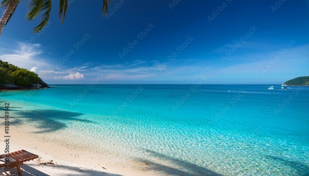 Naklejka premium Beautiful tropical beach with palm trees, sunset beach seascape, design template for travel banner.