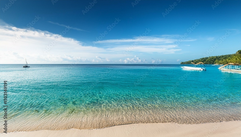 Beautiful tropical beach with palm trees, sunset beach seascape, design template for travel banner. Beautiful tropical beach with palm trees, sunset beach seascape, design template for travel banner.