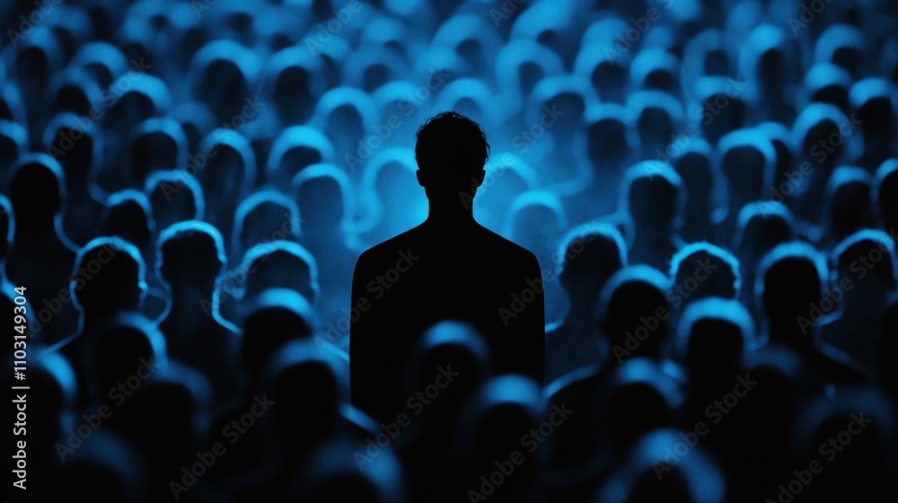 Fototapeta premium Blue silhouette of couple standing in monochrome crowd of different people,surreal unique and different concept,loneliness in society,shadow,freedom,Love,be yourself,Stand out from the crowd.