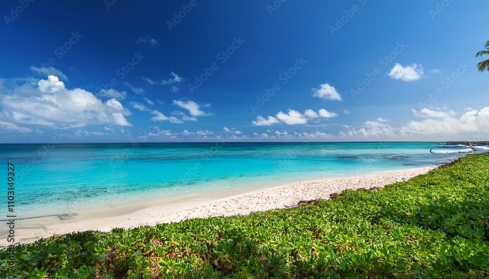 Beautiful tropical beach with palm trees, sunset beach seascape, design template for travel banner. Beautiful tropical beach with palm trees, sunset beach seascape, design template for travel banner.