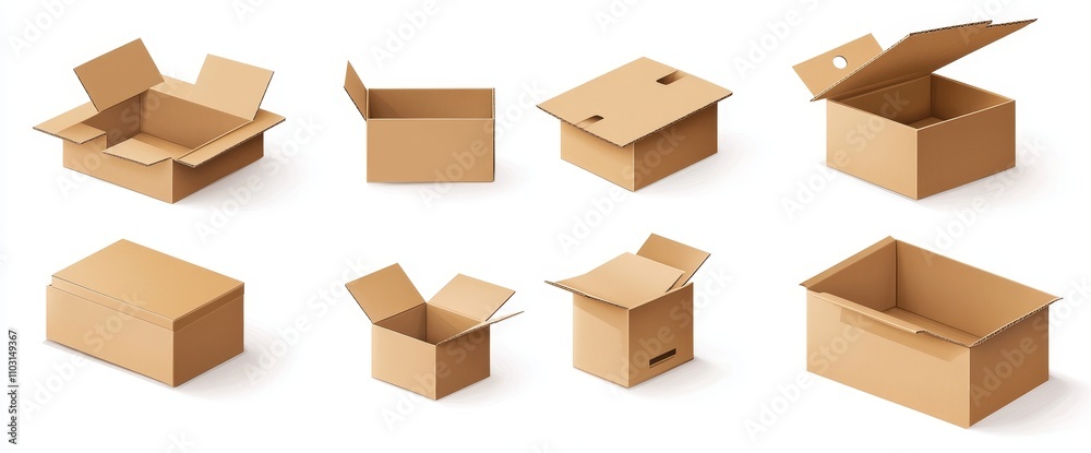 Eight brown cardboard boxes in different positions and perspectives, isolated on white background. Eight brown cardboard boxes in different positions and perspectives, isolated on white background.