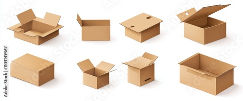 Eight brown cardboard boxes in different positions and perspectives, isolated on white background.