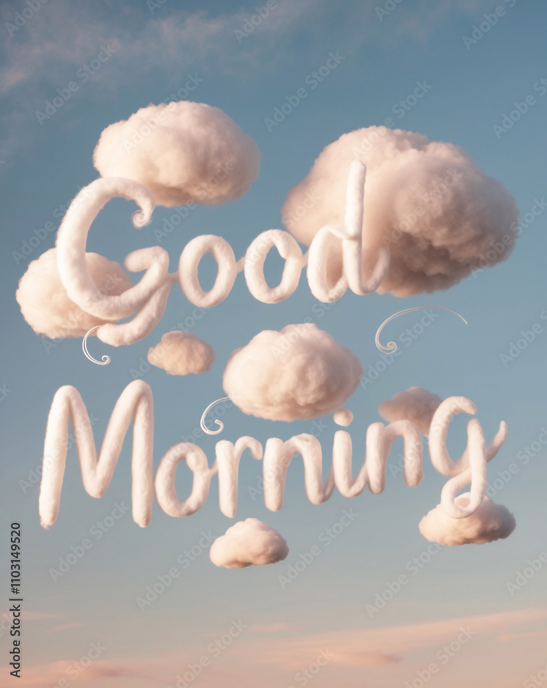 Good Morning Spelled in Fluffy Clouds Over a Soft Pink and Blue Gradient Sky Good Morning Spelled in Fluffy Clouds Over a Soft Pink and Blue Gradient Sky